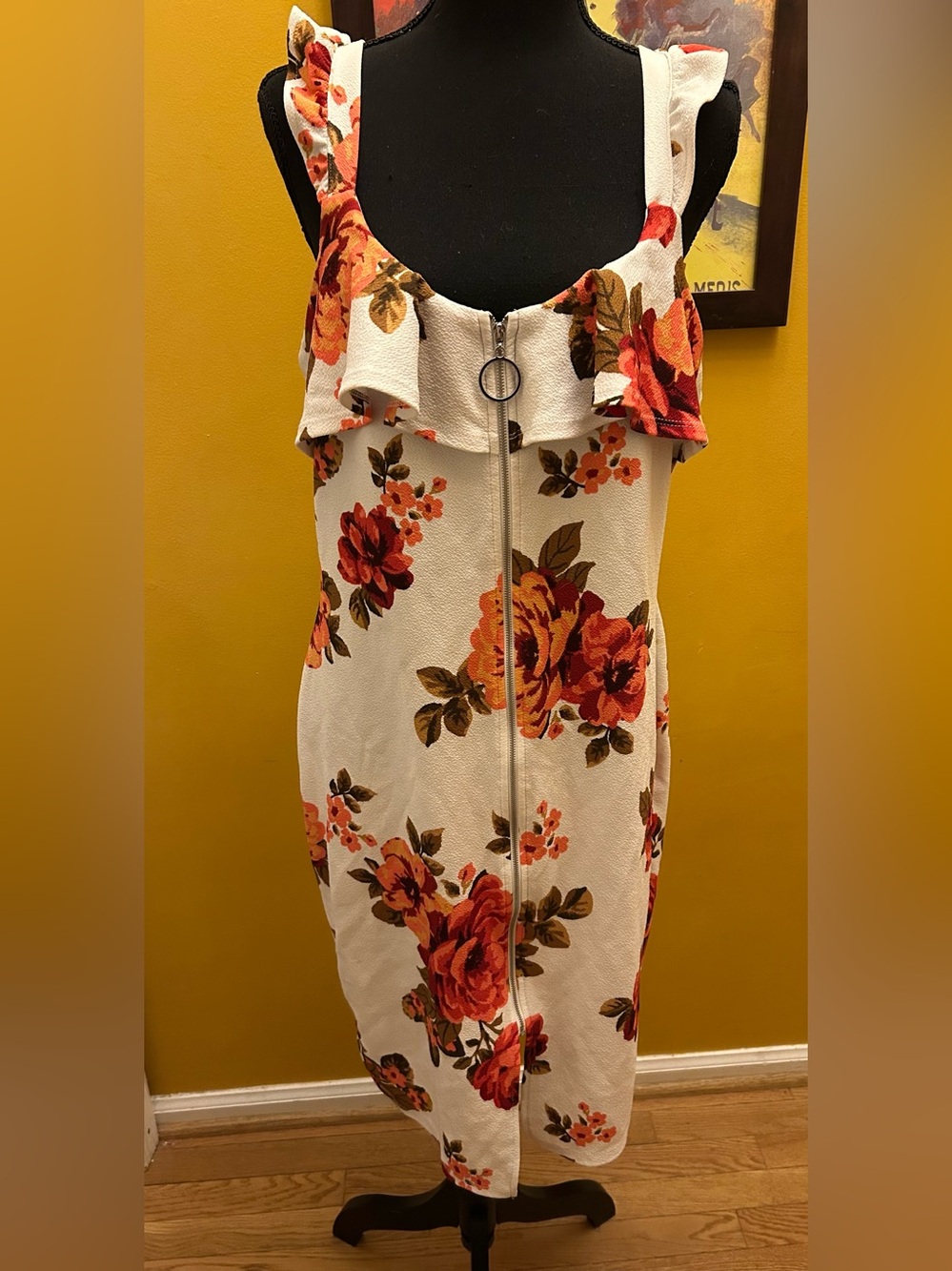 Crave Fame Full Zip White Crepe Floral Ruffle Bodice Dress XXL